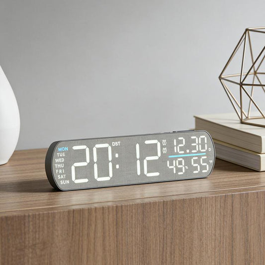Wood LED digital alarm clock displaying time and temperature in bright LED digits