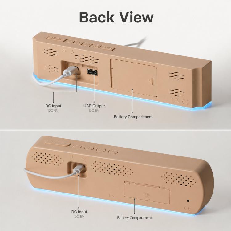 Digital alarm clock back with ports, USB and DC input, and battery compartment