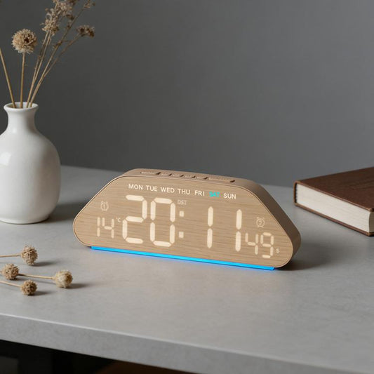 Wood-grain LED desk alarm clock with blue glowing time display