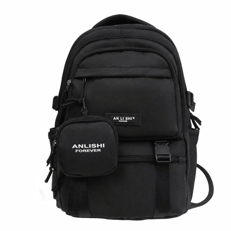 Black school backpack with front pocket and detachable round coin pouch