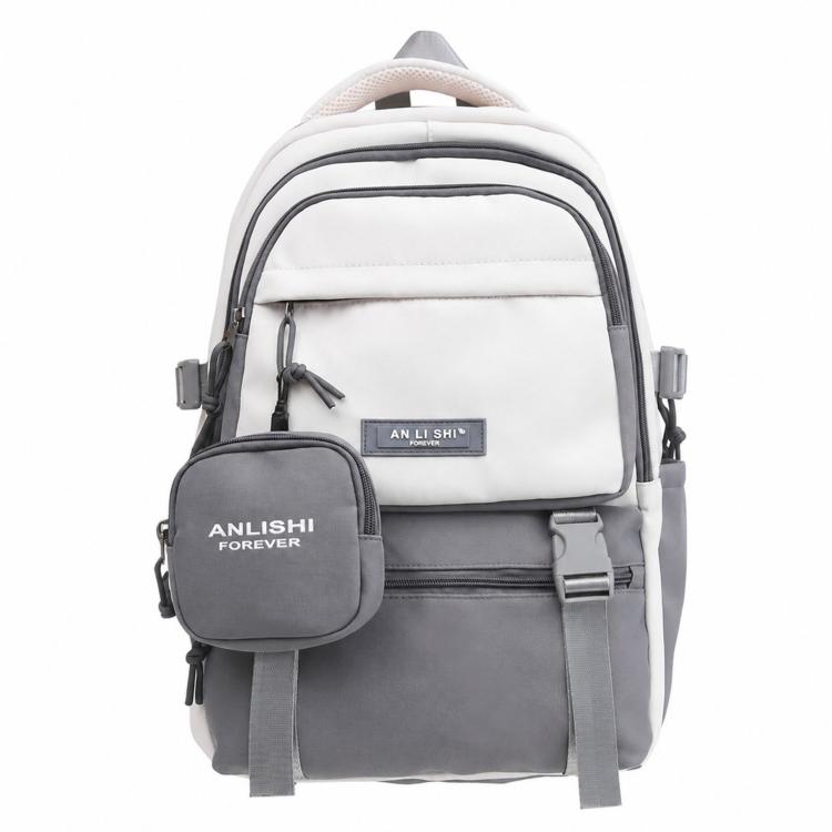 White school backpack with gray front pocket and detachable square coin pouch