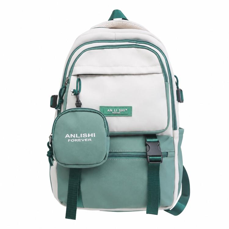 Green school backpack with front pocket and detachable round coin pouch
