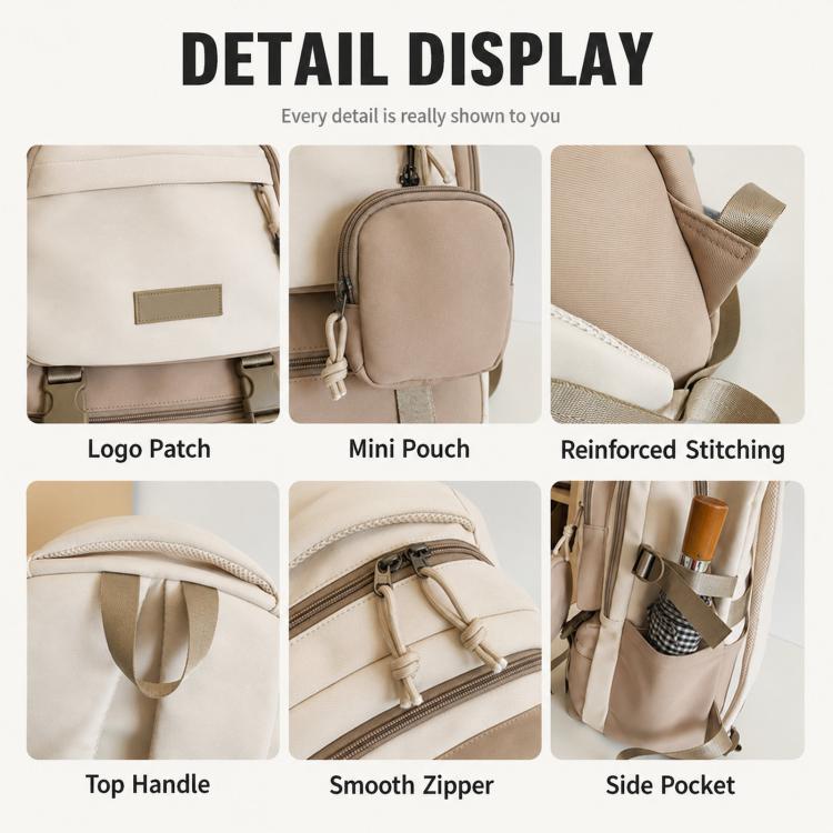 Khaki school backpack with detachable coin pouch, smooth zipper, side pocket