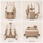 Khaki school backpack shown from front, side, back and bottom views