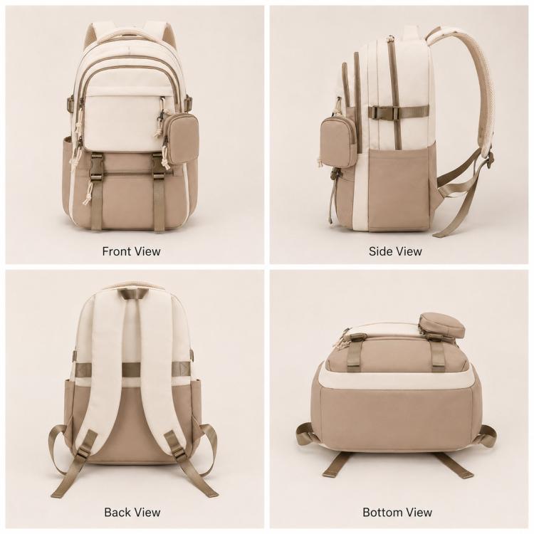 Khaki school backpack shown from front, side, back and bottom views