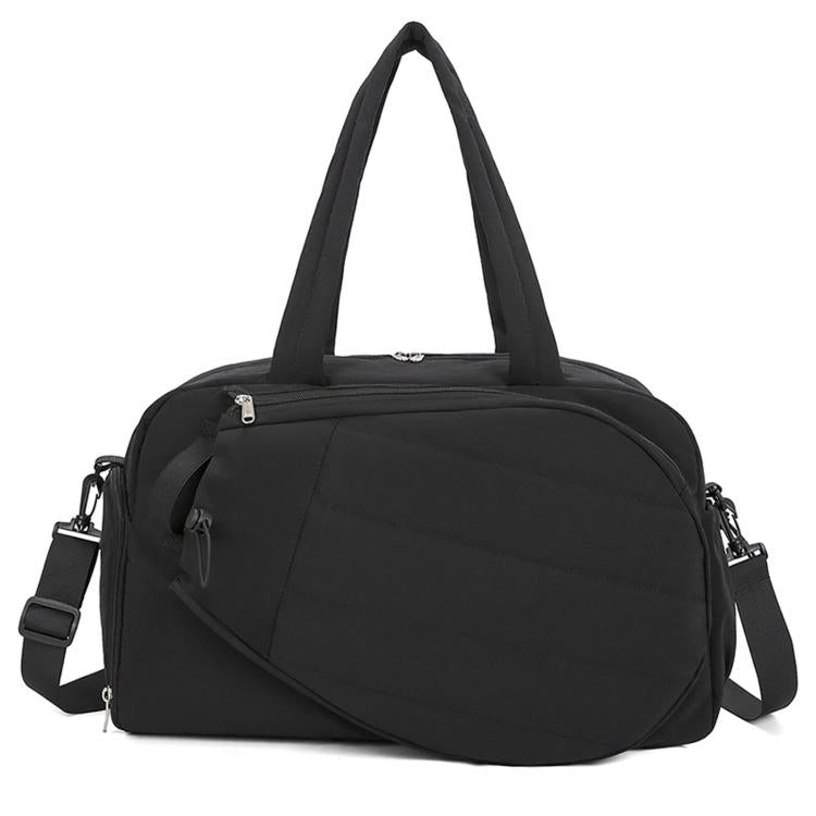 Black waterproof duffel bag with top handles and shoulder strap