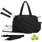 Black sports duffel bag with front zipper pocket, handles, and shoulder strap