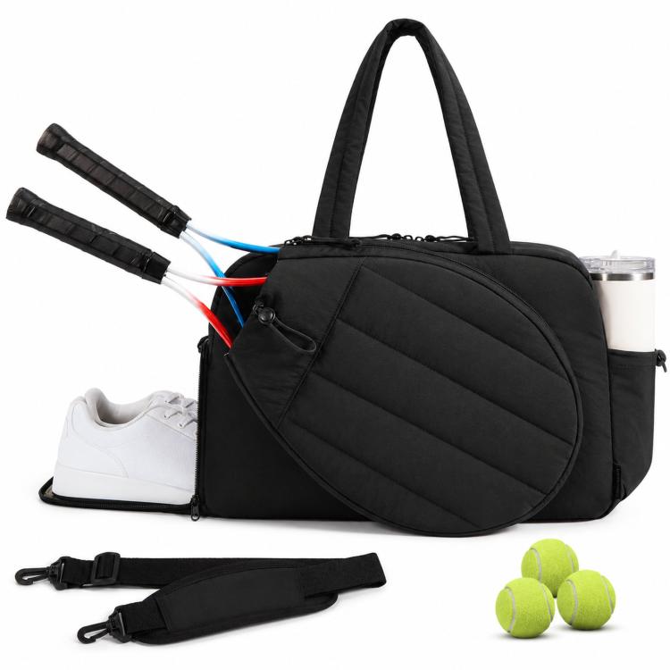 Black sports duffel bag with front zipper pocket, handles, and shoulder strap