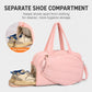 Pink duffel bag with separate shoe compartment shown open