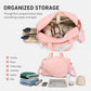 Pink duffel bag with organized interior compartments shown open