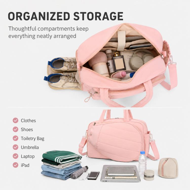Pink duffel bag with organized interior compartments shown open