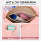 Pink duffel bag with water-resistant front pocket and side pocket shown