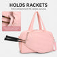 Pink duffel bag with racket-holding front compartment and hook-and-loop tab