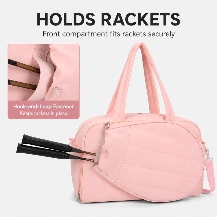 Pink duffel bag with racket-holding front compartment and hook-and-loop tab