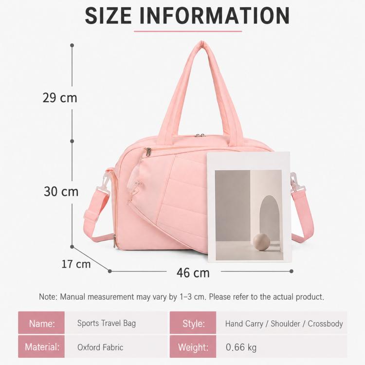 Pink sports travel duffel bag with side straps and handles, size diagram