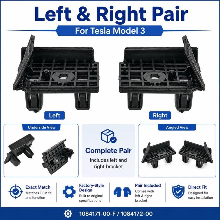 Left and right front bumper brackets, black plastic with grid base and tabs