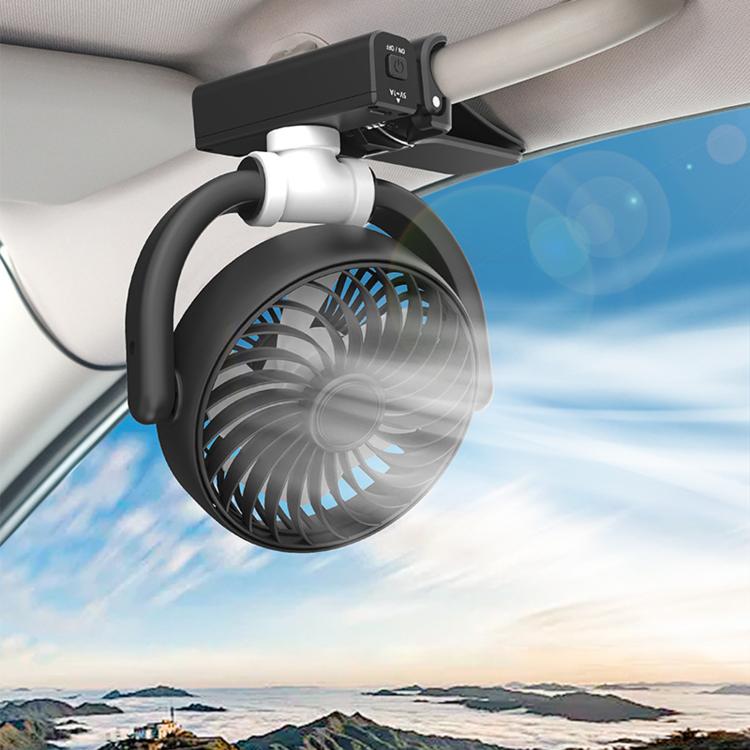 Adjustable clip-on front car fan with black grille and circular blade guard