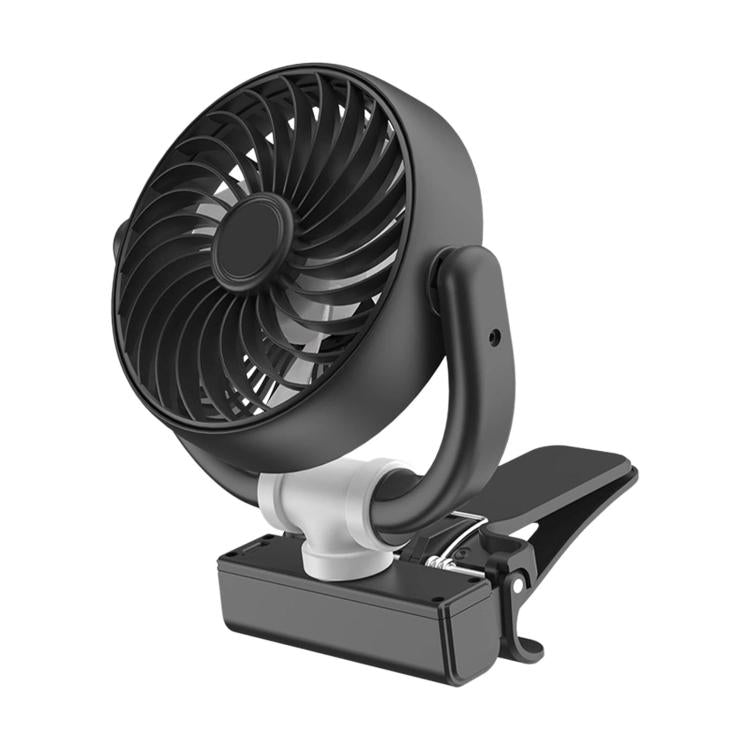 Foldable portable clip-on fan with black blades and mounting base, angled head