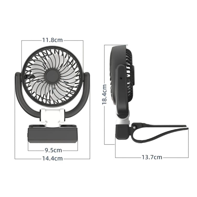 Compact car fan size diagram showing front grille, side profile, and base clip
