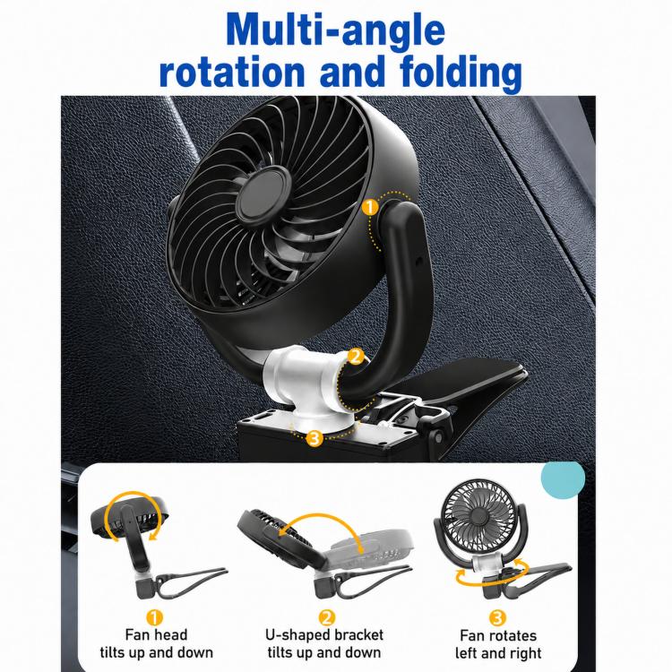 Clip-on car fan with rotating head and foldable U-shaped bracket on base