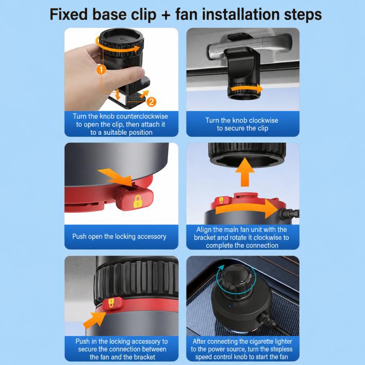 Fixed base clip installation steps for a portable car cooling fan