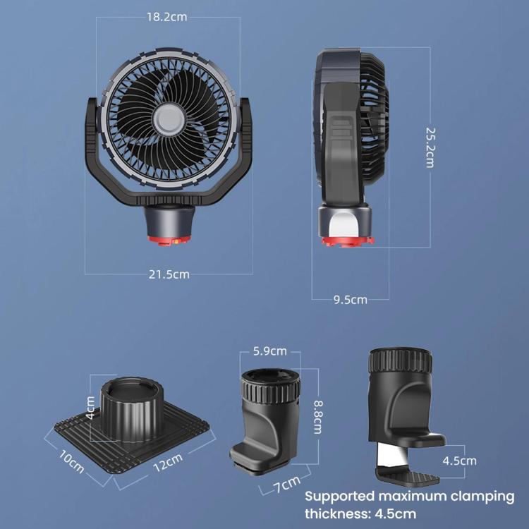 Truck cooling fan dimensions diagram with fan head, base, and clamp size