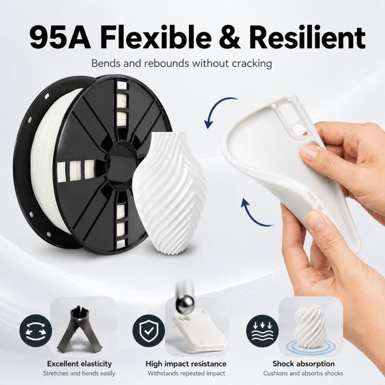 TPU 95A flexible 3D printer filament spool, white 1.75mm, 1kg
