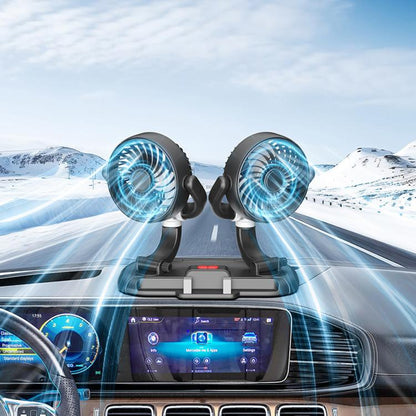Dual-head 3-speed car cooling fan with phone holder and adjustable angle stands