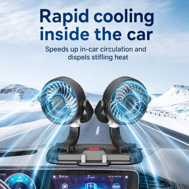 Dual-head car cooling fan with adjustable mounts and phone holder base