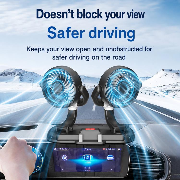 Dual-head car cooling fan with phone holder mount, adjustable fan heads on stand