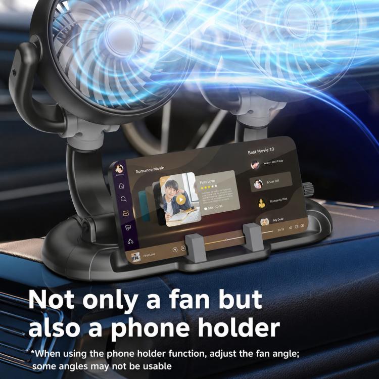 Dual-head fan with phone holder bracket on base, blue airflow effect near grilles