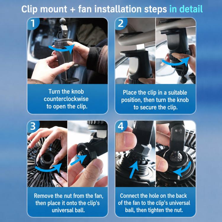 12V/24V car cigarette lighter cooling fan with clip mount and hanging hook