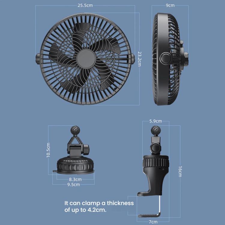 Compact clip-on car fan for cigarette lighter with adjustable speed and dimensions
