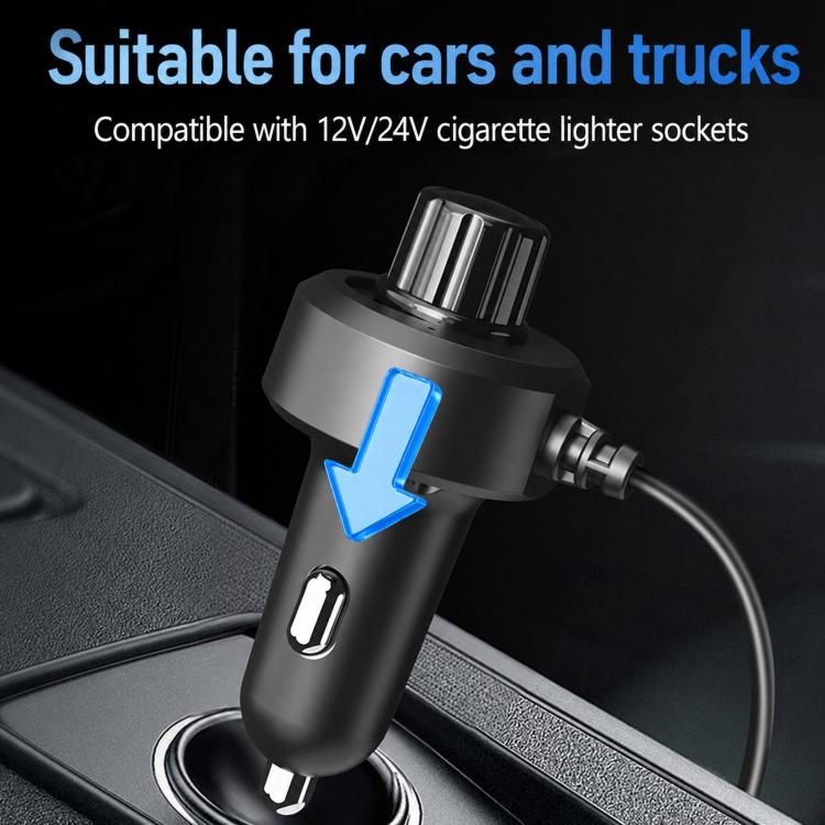 Car cigarette lighter plug with adjustable fan head connected to 12V/24V socket