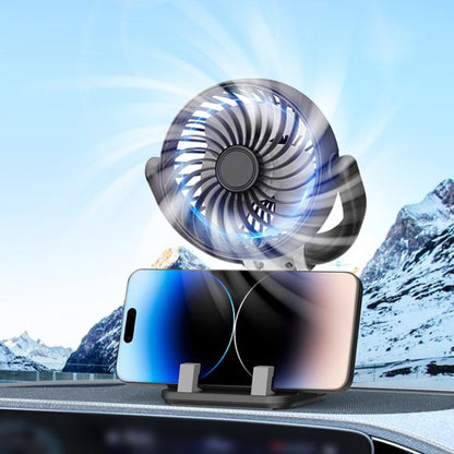 Car cooling fan with adjustable phone holder, black fan with gray mounting base