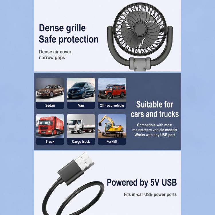 USB-powered car cooling fan with phone holder, black fan on clip base