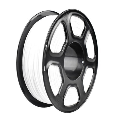 White PETG filament spool on black reel, dual-angle view
