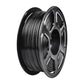 Black PETG filament spool on black reel, side view