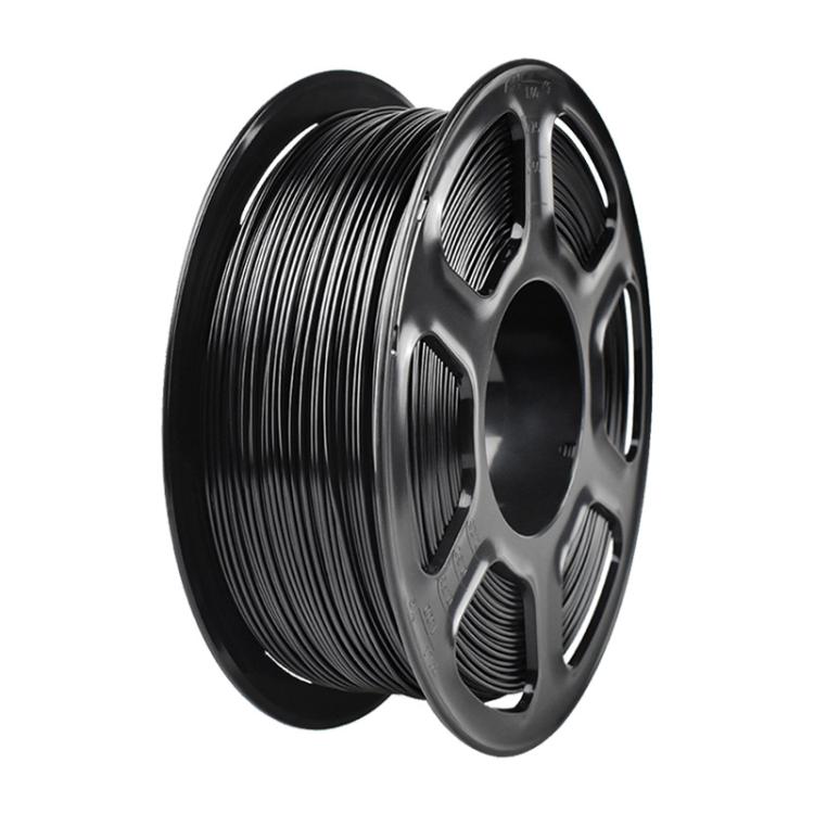 Black PETG filament spool on black reel, side view