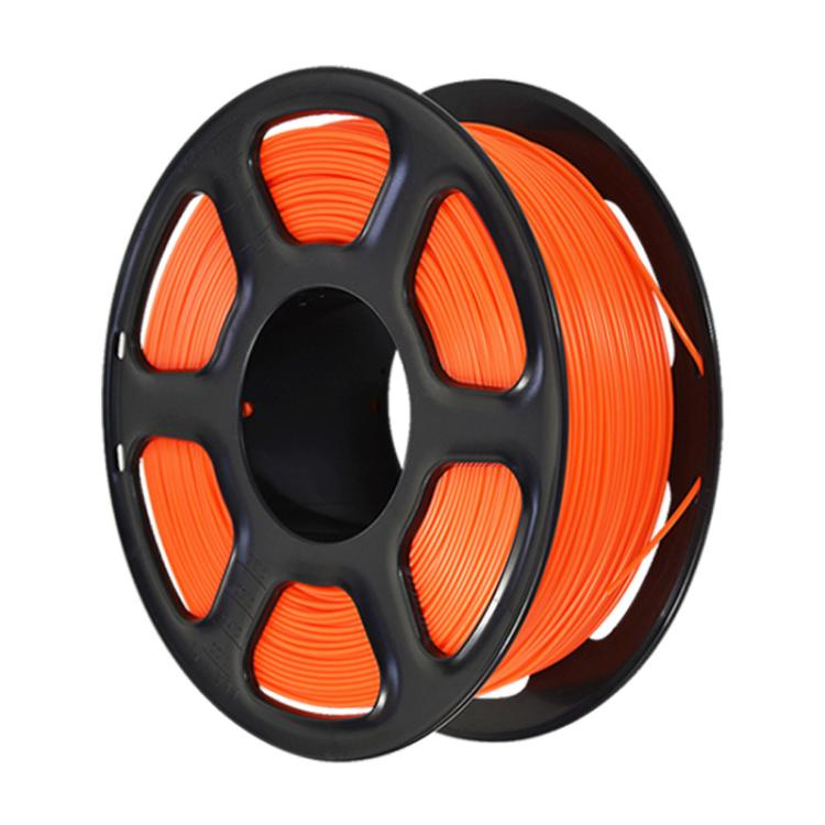 Orange PETG filament spool on black reel, front view