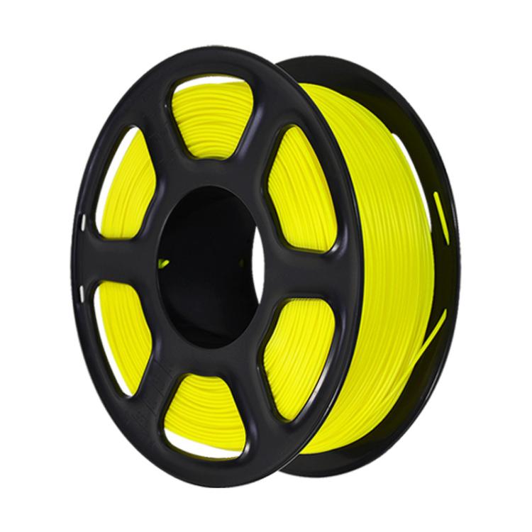 Yellow PETG filament spool on black reel, front view