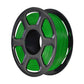 Green PETG filament spool on black reel, front view