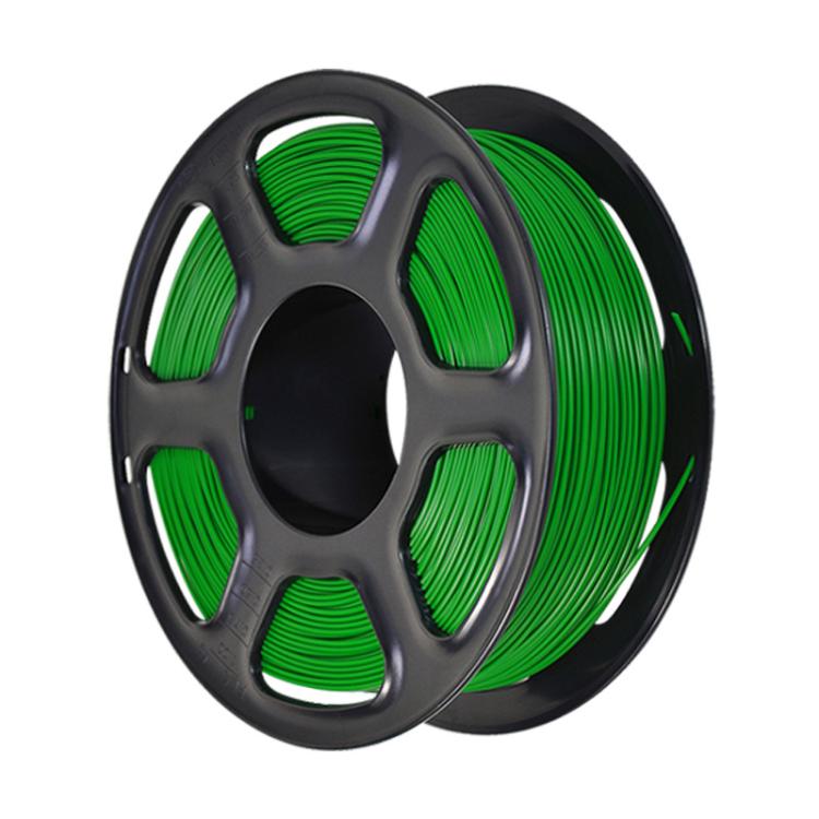 Green PETG filament spool on black reel, front view
