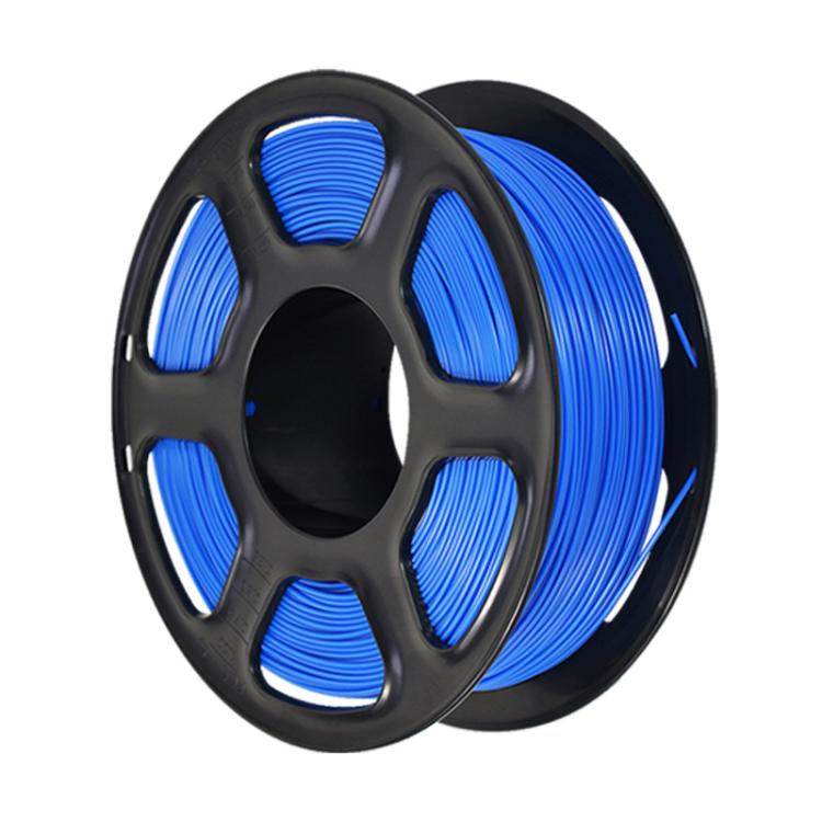 Blue PETG filament spool on black reel, front view