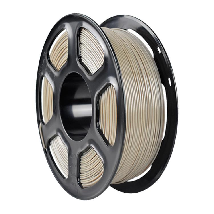 Khaki beige PETG filament spool on gray-black reel, angled view