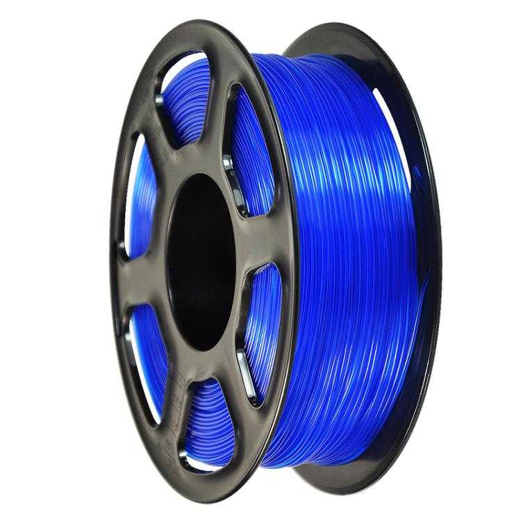 Blue PETG 1.75mm filament spool on black reel