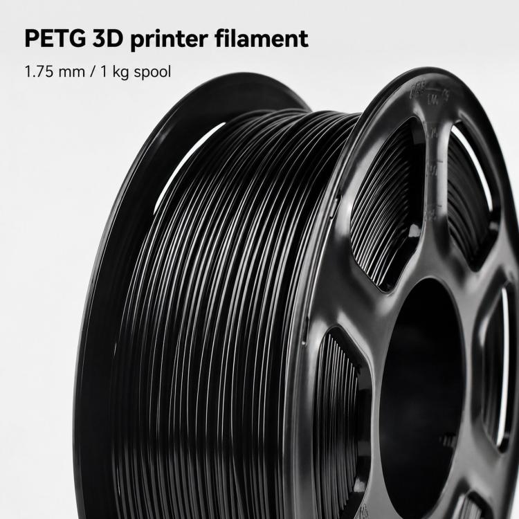 Black PETG filament spool close-up, 1.75mm 1 kg reel