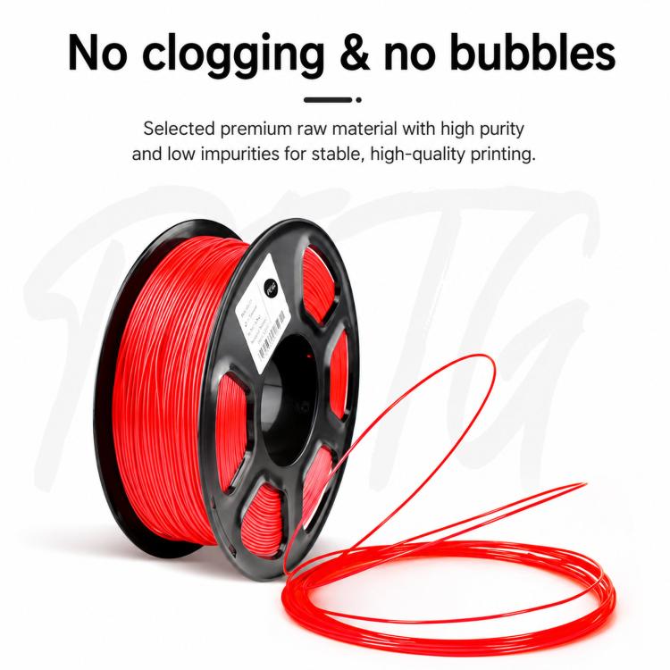 Red PETG 1.75mm filament spool with loose filament strand on black reel