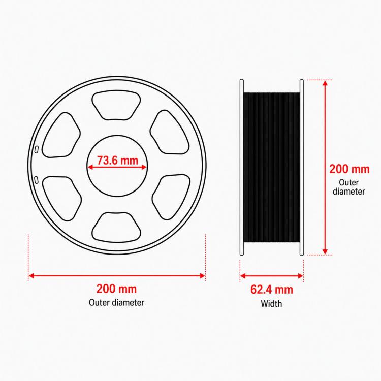PETG filament spool size diagram: 200 mm outer diameter, 62.4 mm width