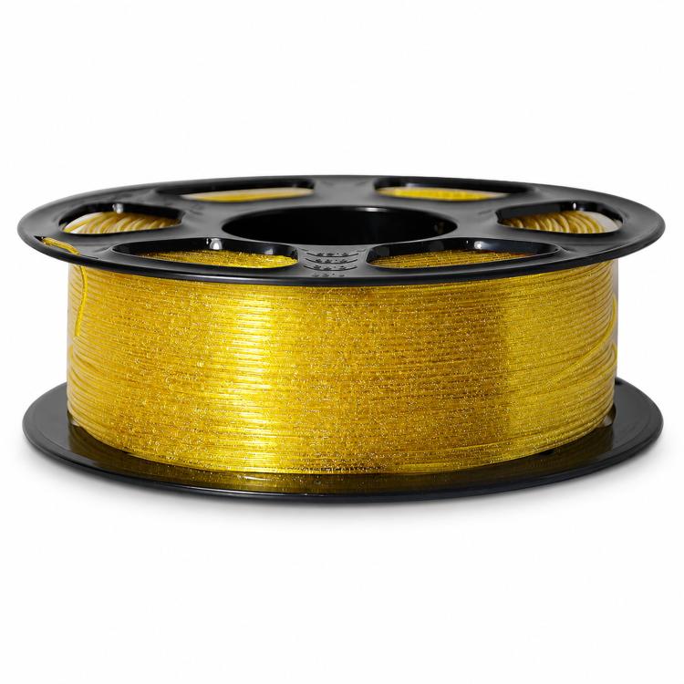 Yellow glitter PETG filament on black spool reel, metallic sparkly filament wound